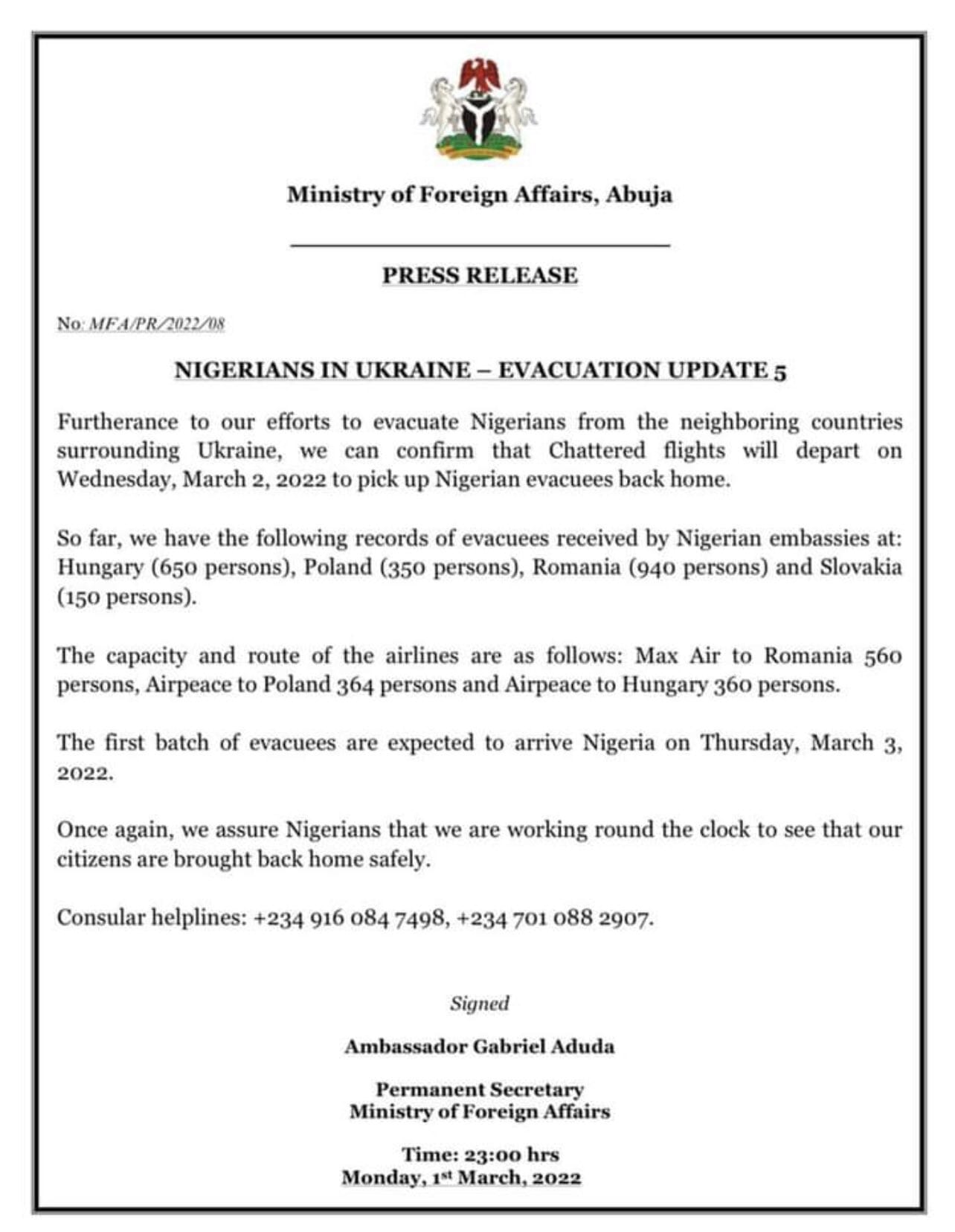 Still on Ukrainian and Russian crises: Federal Government of Nigeria sends flights to evacuate Nigerian citizens from Poland, Hungary and Romania, Still on Ukrainian and Russian crises: Federal Government of Nigeria sends flights to evacuate Nigerian citizens from Poland, Hungary and Romania, INFINITY LOADED