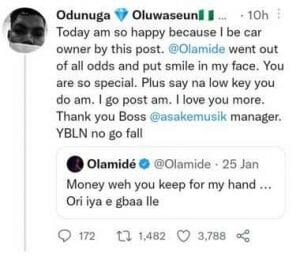 OLAMIDE GIFTS A TWITTER USER A BRAND NEW CAR, FOUR MONTHS AFTER HE TURNED HIM DOWN, INFINITY LOADED OLAMIDE GIFTS A TWITTER USER A BRAND NEW CAR, FOUR MONTHS AFTER HE TURNED HIM DOWN, OLAMIDE GIFTS A TWITTER USER A BRAND NEW CAR, FOUR MONTHS AFTER HE TURNED HIM DOWN, INFINITY LOADED