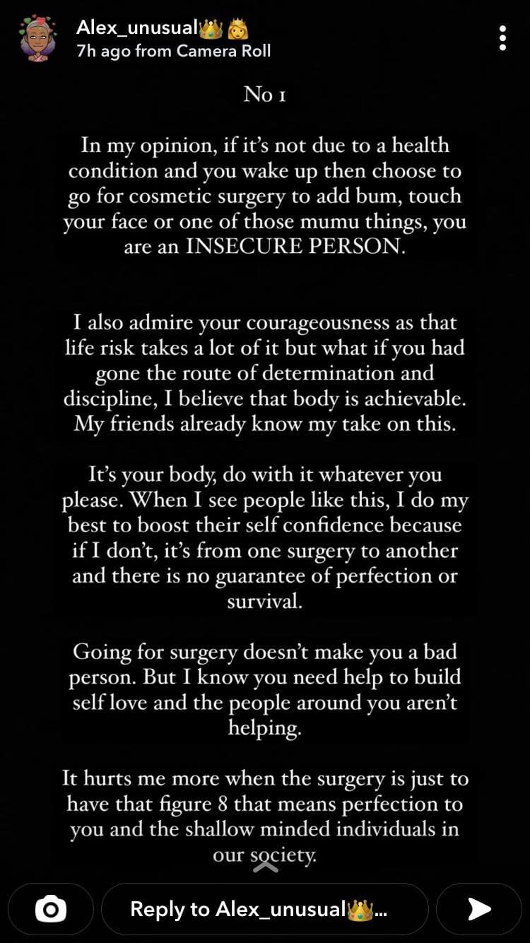 BBNAIJA "ALEX" SAYS ANYONE WHO UNDERGOES COSMETIC SURGERY IS INSECURE, BBNAIJA “ALEX” SAYS ANYONE WHO UNDERGOES COSMETIC SURGERY IS INSECURE, INFINITY LOADED