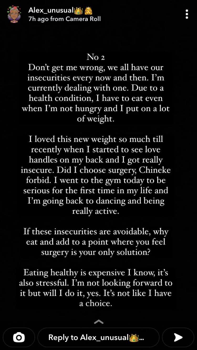 BBNAIJA "ALEX" SAYS ANYONE WHO UNDERGOES COSMETIC SURGERY IS INSECURE, BBNAIJA “ALEX” SAYS ANYONE WHO UNDERGOES COSMETIC SURGERY IS INSECURE, INFINITY LOADED