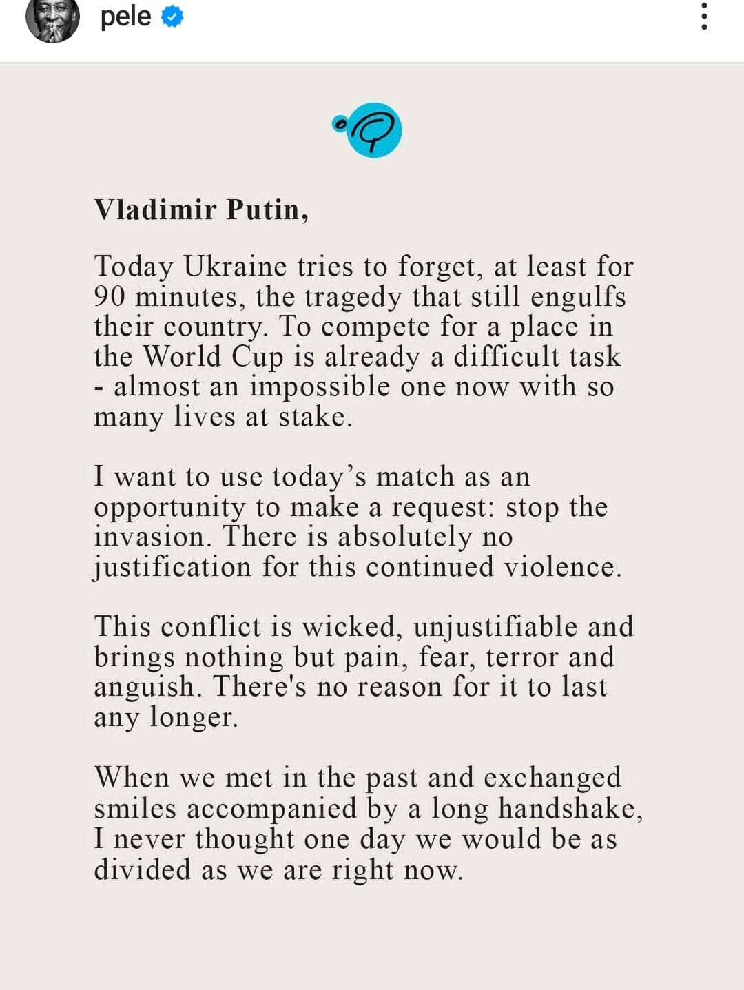 "The power is in your hands" Pele sends strong message to Putin to end the Russia-Ukraine war, INFINITY LOADED "The power is in your hands" Pele sends strong message to Putin to end the Russia-Ukraine war, “The power is in your hands” Pele sends strong message to Putin to end the Russia-Ukraine war, INFINITY LOADED
