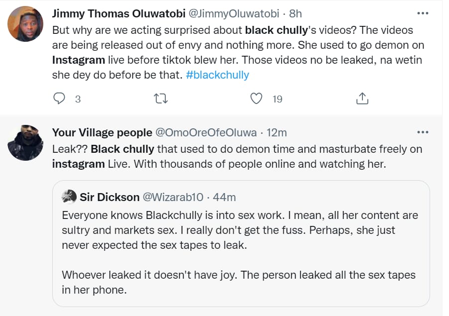 Breaking news: Nigerian TikTok star "Black Chully" called out for allegedly 'lying about not knowing how her sex tape got leaked; she has been 'hosting live videos' of her sex content on Instagram since 2020, Breaking news: Nigerian TikTok star “Black Chully” called out for allegedly ‘lying about not knowing how her s*x tape got leaked; she has been ‘hosting live videos’ of her s*x content on Instagram since 2020, INFINITY LOADED