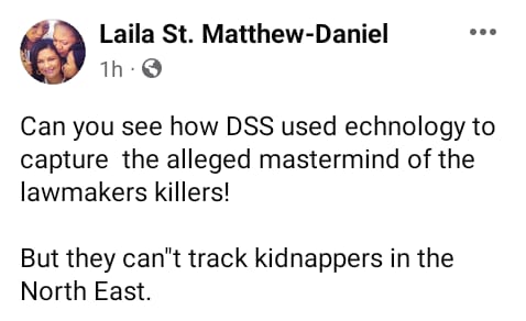 Laila St. Matthew-Daniel :--"DSS used technology to capture alleged mastermind of Anambra lawmaker's killing but can't track kidnappers in North East", Laila St. Matthew-Daniel :–“DSS used technology to capture alleged mastermind of Anambra lawmaker’s killing but can’t track kidnappers in North East”, INFINITY LOADED