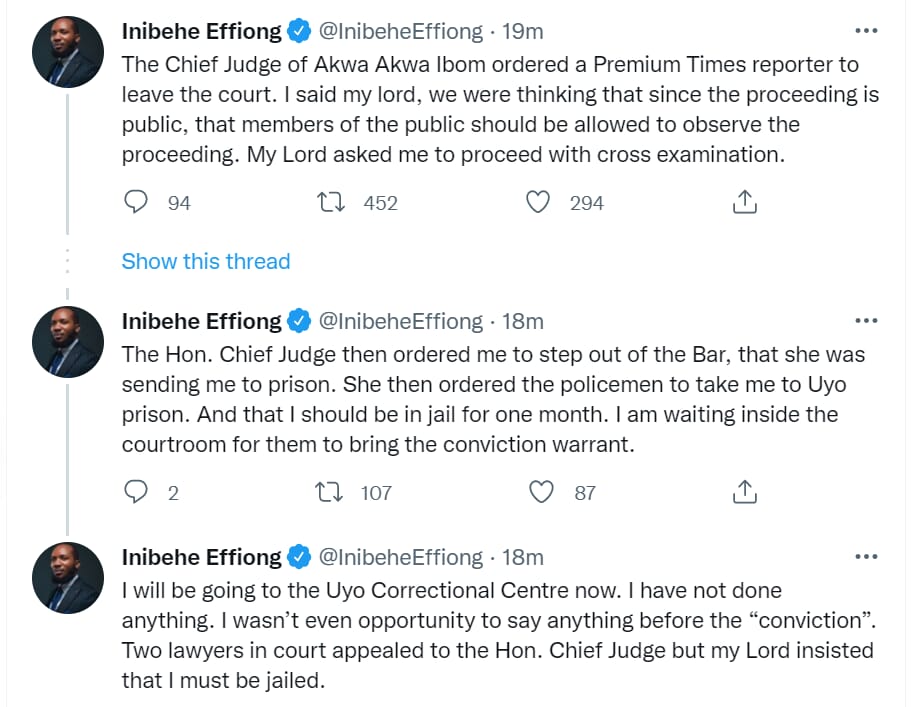 Barrister Inibehe Effiong alleges that a judge sentenced him to one month in prison after he asked that armed policemen in the court room be sent out because he didn't feel safe, Barrister Inibehe Effiong alleges that a judge sentenced him to one month in prison after he asked that armed policemen in the court room be sent out because he didn’t feel safe, INFINITY LOADED