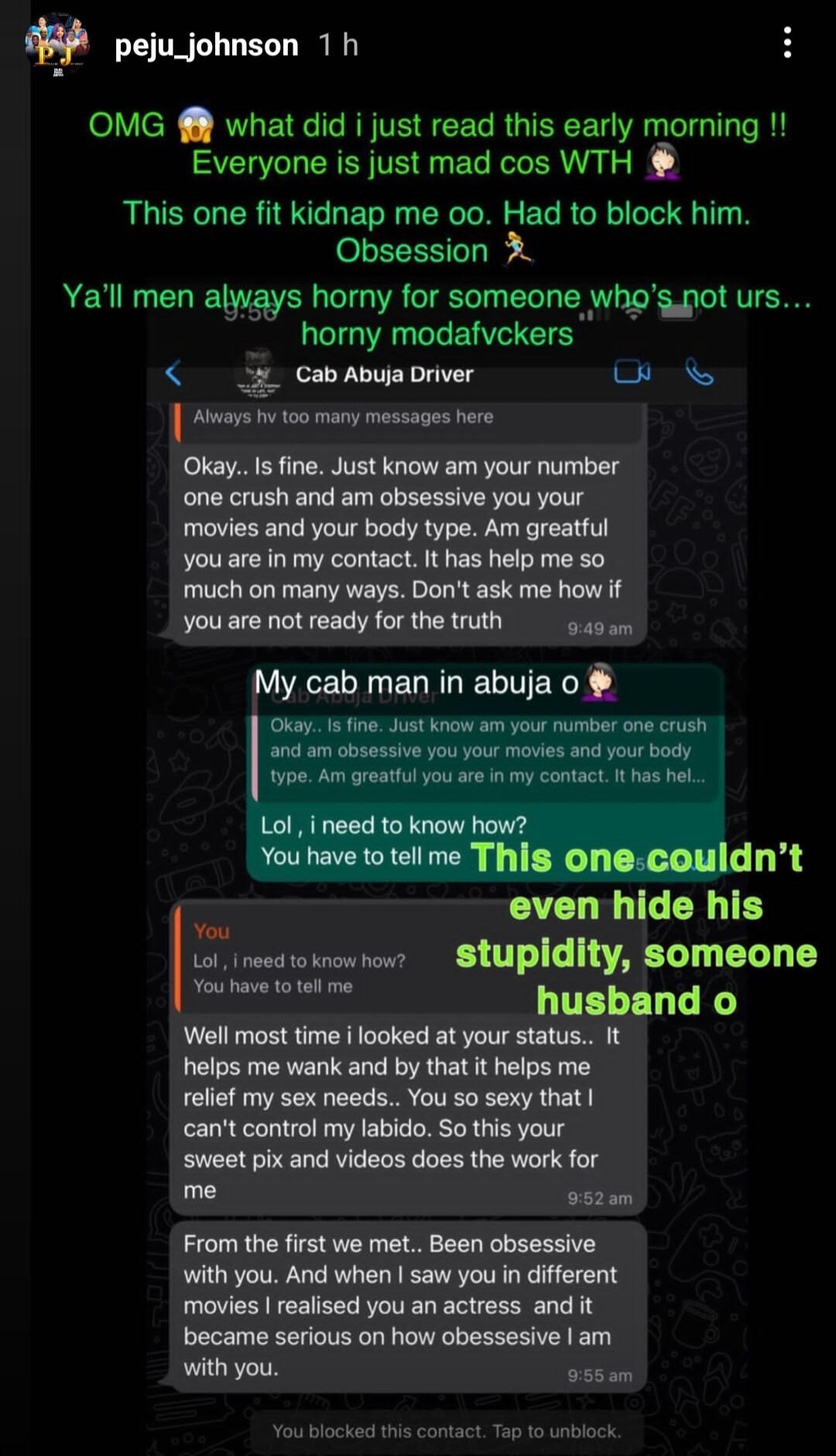 Nollywood "Peju Johnson" shares chat messages she received from a married cab driver, INFINITY LOADED Nollywood "Peju Johnson" shares chat messages she received from a married cab driver, Nollywood “Peju Johnson” shares chat messages she received from a married cab driver, INFINITY LOADED