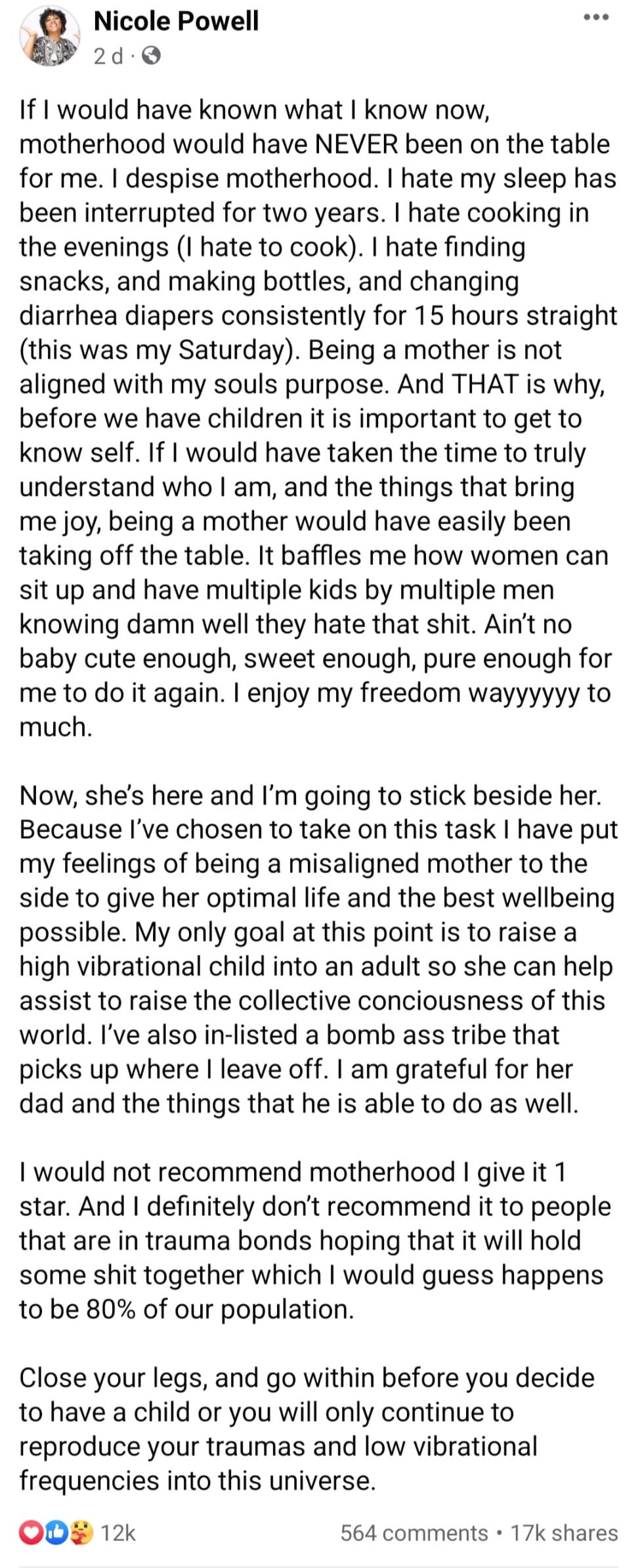 "I despise motherhood" says Nicole Powell, “I despise motherhood” says Nicole Powell, INFINITY LOADED