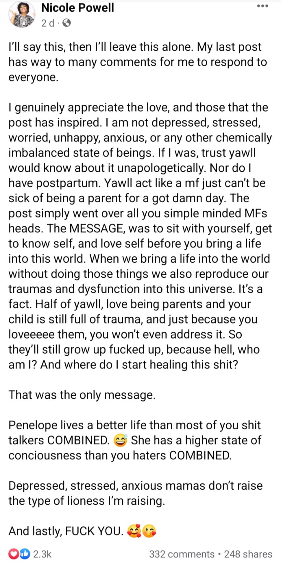 "I despise motherhood" says Nicole Powell, “I despise motherhood” says Nicole Powell, INFINITY LOADED