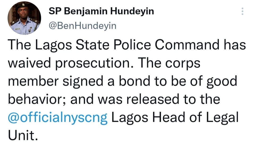 Lagos state Police command stops plans to prosecute corp member who insulted police officers that attempted to force him to their station, Lagos state Police command stops plans to prosecute corp member who insulted police officers that attempted to force him to their station, INFINITY LOADED