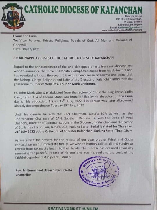 Roman Catholic priest killed by Bandits In Kaduna, Roman Catholic priest killed by Bandits In Kaduna, INFINITY LOADED