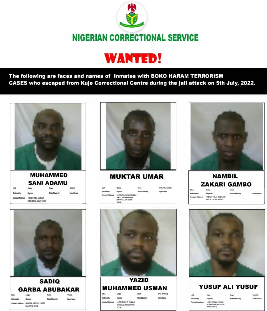 Kuje prison attack: FG releases bio-data of fleeing Boko Haram terrorists and declears them wanted, Kuje prison attack: FG releases bio-data of fleeing Boko Haram terrorists and declears them wanted, INFINITY LOADED