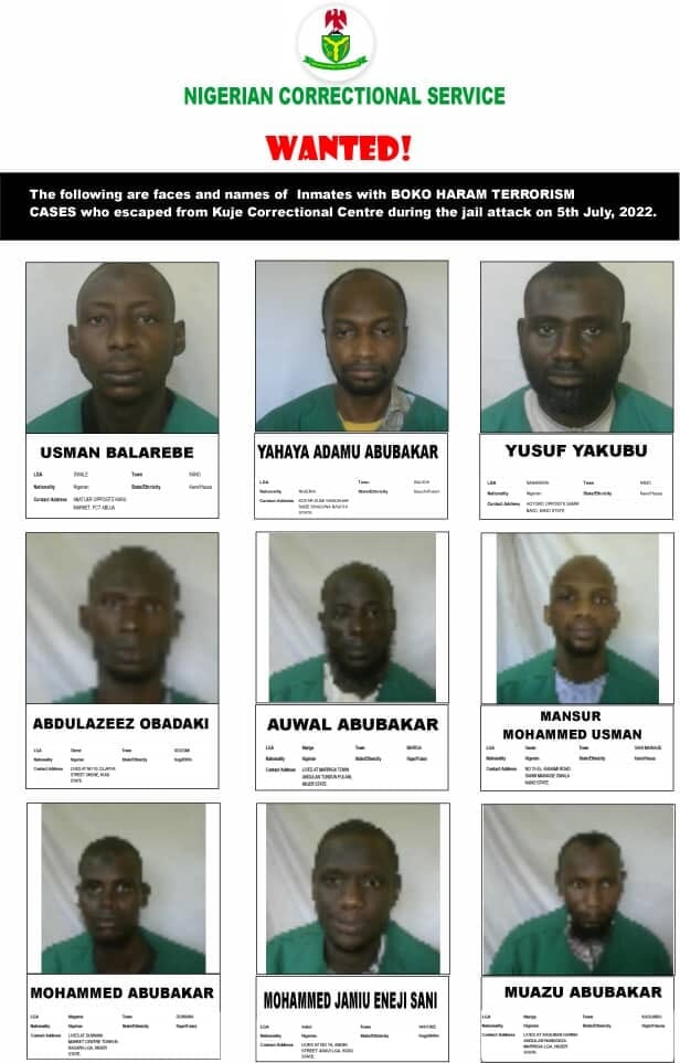 Kuje prison attack: FG releases bio-data of fleeing Boko Haram terrorists and declears them wanted, Kuje prison attack: FG releases bio-data of fleeing Boko Haram terrorists and declears them wanted, INFINITY LOADED