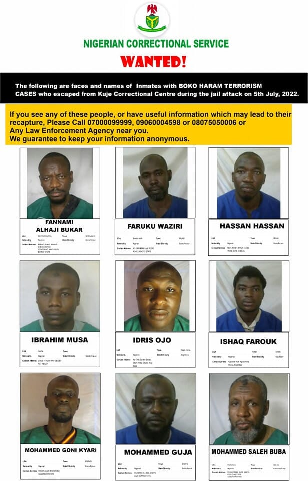 Kuje prison attack: FG releases bio-data of fleeing Boko Haram terrorists and declears them wanted, Kuje prison attack: FG releases bio-data of fleeing Boko Haram terrorists and declears them wanted, INFINITY LOADED
