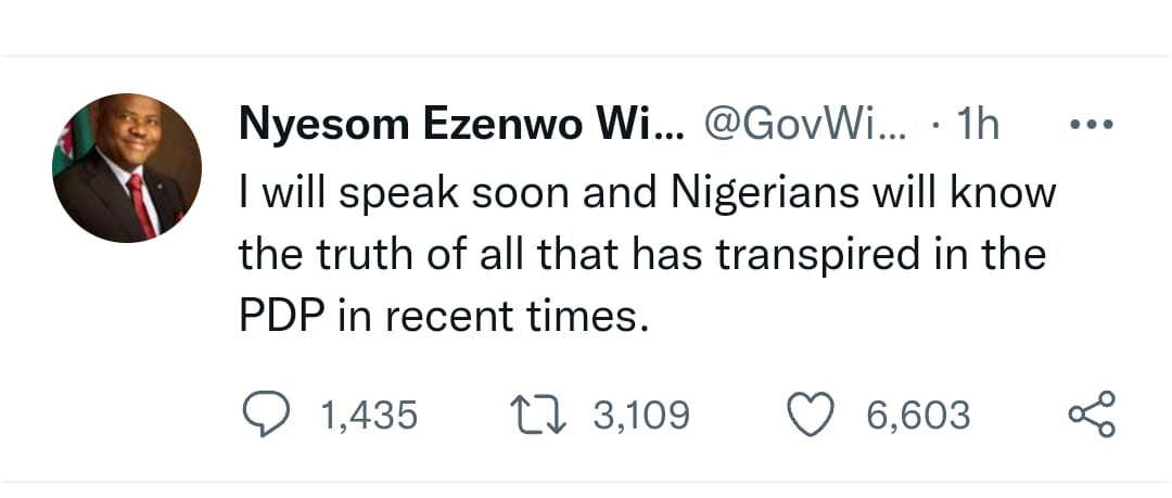 Nyesom Wike:-- I will speak soon and Nigerians will know the truth about recent happenings in PDP, Nyesom Wike:– I will speak soon and Nigerians will know the truth about recent happenings in PDP, INFINITY LOADED