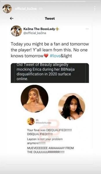 No One Knows Tomorrow - Ka3na Reacts To Alleged Old Tweet Of Beauty Mocking Erica Nlewedim After She Got Disqualified, No One Knows Tomorrow – Ka3na Reacts To Alleged Old Tweet Of Beauty Mocking Erica Nlewedim After She Got Disqualified, INFINITY LOADED