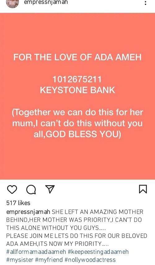 Empress Njamah Begs Nigerians To Raise Money For Mother of Late Nollywood actress Ada Ameh, Empress Njamah Begs Nigerians To Raise Money For Mother of Late Nollywood actress Ada Ameh, INFINITY LOADED