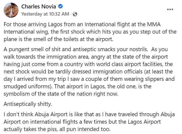 Filmmaker Charles Novia: The First Shock That Hits Those Arriving Lagos From An International Flight At The MMA International Wing Is The Smell Of The Airport Toilet, Filmmaker Charles Novia: The First Shock That Hits Those Arriving Lagos From An International Flight At The MMA International Wing Is The Smell Of The Airport Toilet, INFINITY LOADED