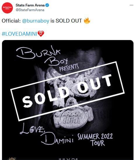 Burna Boy Beats Wizkid, Davido As First African Artiste To Sell Out State Farm Arena In Atlanta (Video), INFINITY LOADED Burna Boy Beats Wizkid, Davido As First African Artiste To Sell Out State Farm Arena In Atlanta (Video), Burna Boy Beats Wizkid, Davido As First African Artiste To Sell Out State Farm Arena In Atlanta (Video), INFINITY LOADED