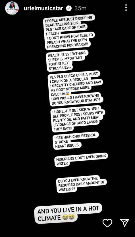 People Are Just Dropping Dead And Falling Sick" - BBNaija Star "Uriel Oputa" Speaks Against Poor Lifestyle Habits, People Are Just Dropping Dead And Falling Sick” – BBNaija Star “Uriel Oputa” Speaks Against Poor Lifestyle Habits, INFINITY LOADED